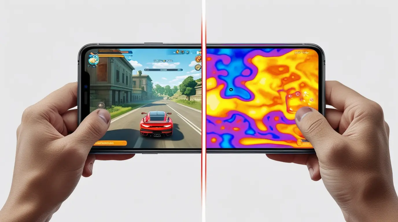 A split screen showing smooth game and heat A split screen showing a high-fidelity mobile game running smoothly on one side, and a thermal map of the phone on the other, indicating efficient heat dissipation.
