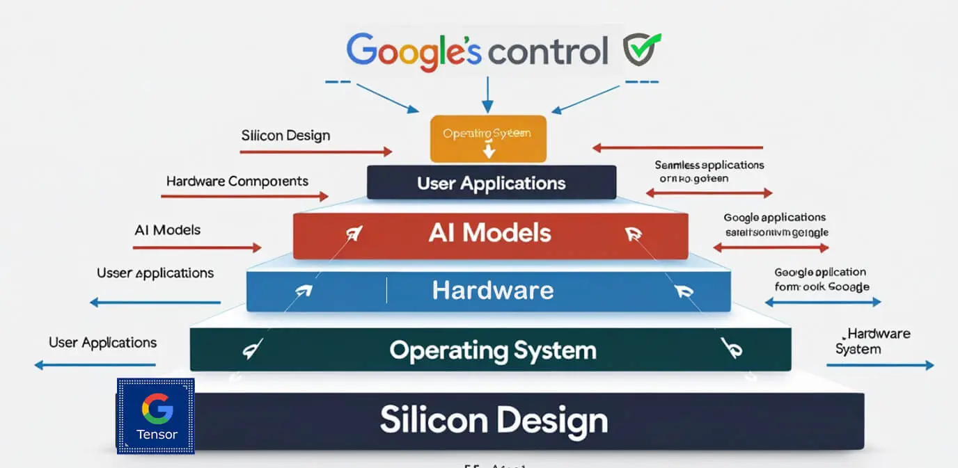 A layered diagram showing Google's control from "Silicon Design", through "Hardware Components," "Operating System," "AI Models," to "User Applications" with seamless optimization across layers