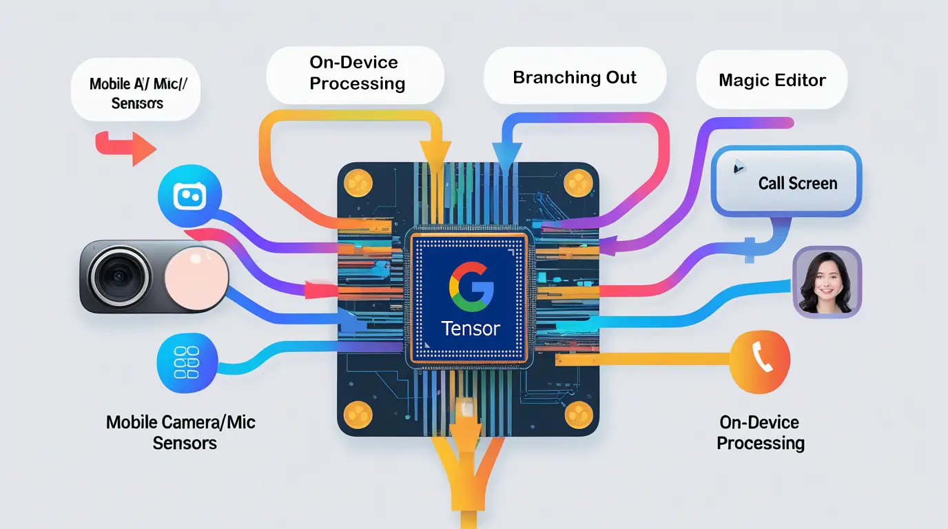 infographic showing data flowing from camera-mic-sensors into a stylized Tensor chip A dynamic infographic showing data flowing from camera/mic/sensors into a stylized Tensor chip, with different AI features (e.g., "Magic Editor," "Call Screen") branching out, emphasizing "On-Device Processing.