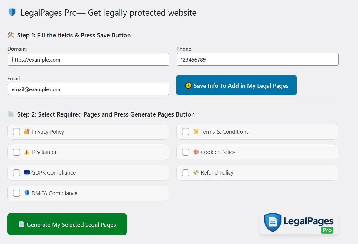 LegalPages pro plugin admin view LegalPages pro plugin admin view