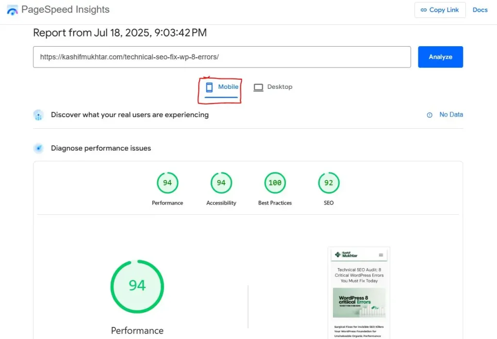 After optimizing the web here is Live report of Google PageSpeed Insight with mobile 94 performance score.