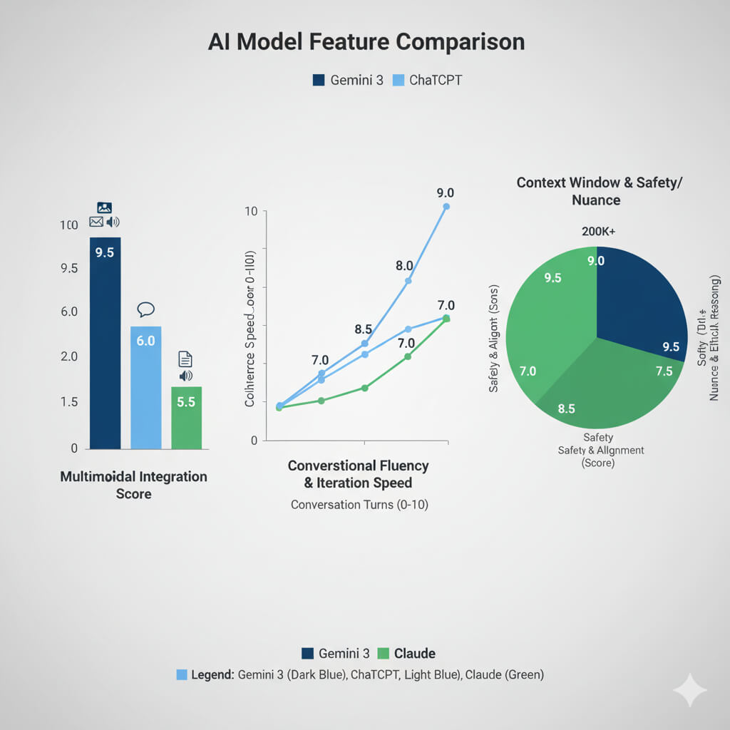 This set of graphs provides a conceptual comparison of three AI models: Gemini 3 (hypothetical), ChatGPT, and Claude, across key features. The bar chart on the left highlights **Multimodal Integration**, where Gemini 3 (dark blue) shows superior integration across various data types compared to ChatGPT (light blue) and Claude (green). The middle line graph, showing **Conversational Fluency & Iteration Speed**, illustrates that ChatGPT (light blue) generally offers a quicker and more fluid conversational experience over multiple turns compared to Claude (green). Finally, the radar chart on the right, for **Context Window & Safety/Nuance**, indicates Claude's (green segments) strong performance in both a large context window (200K+) and a high safety and ethical alignment score, while Gemini 3 (dark blue) also shows strong safety, and ChatGPT (light blue) holds a good balance.